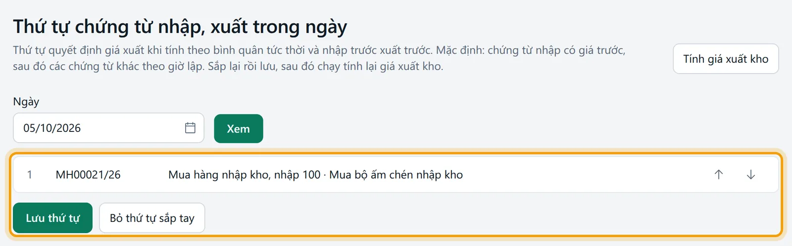 Chọn ngày 05/10/2026 và bấm Xem, danh sách chứng từ của ngày hiện ra