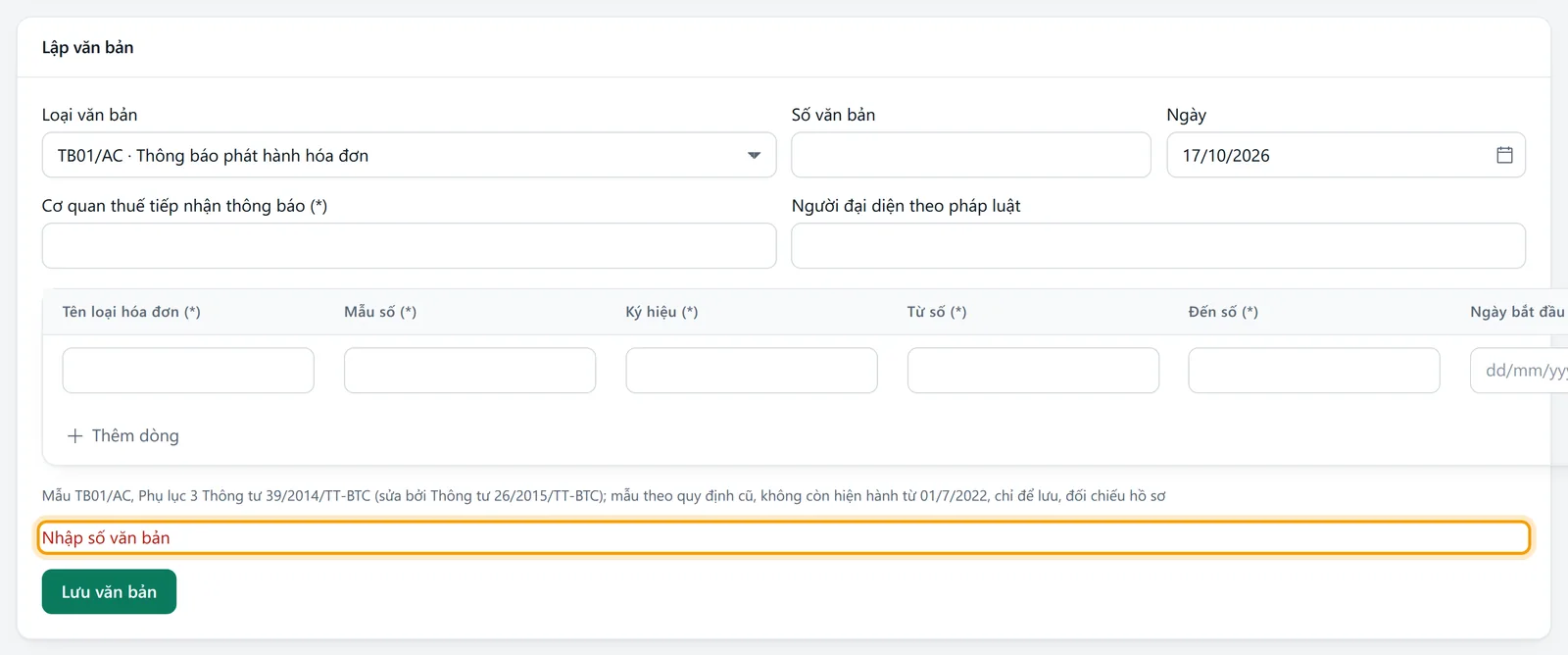 Bấm Lưu văn bản khi chưa nhập số văn bản, phần mềm báo Nhập số văn bản