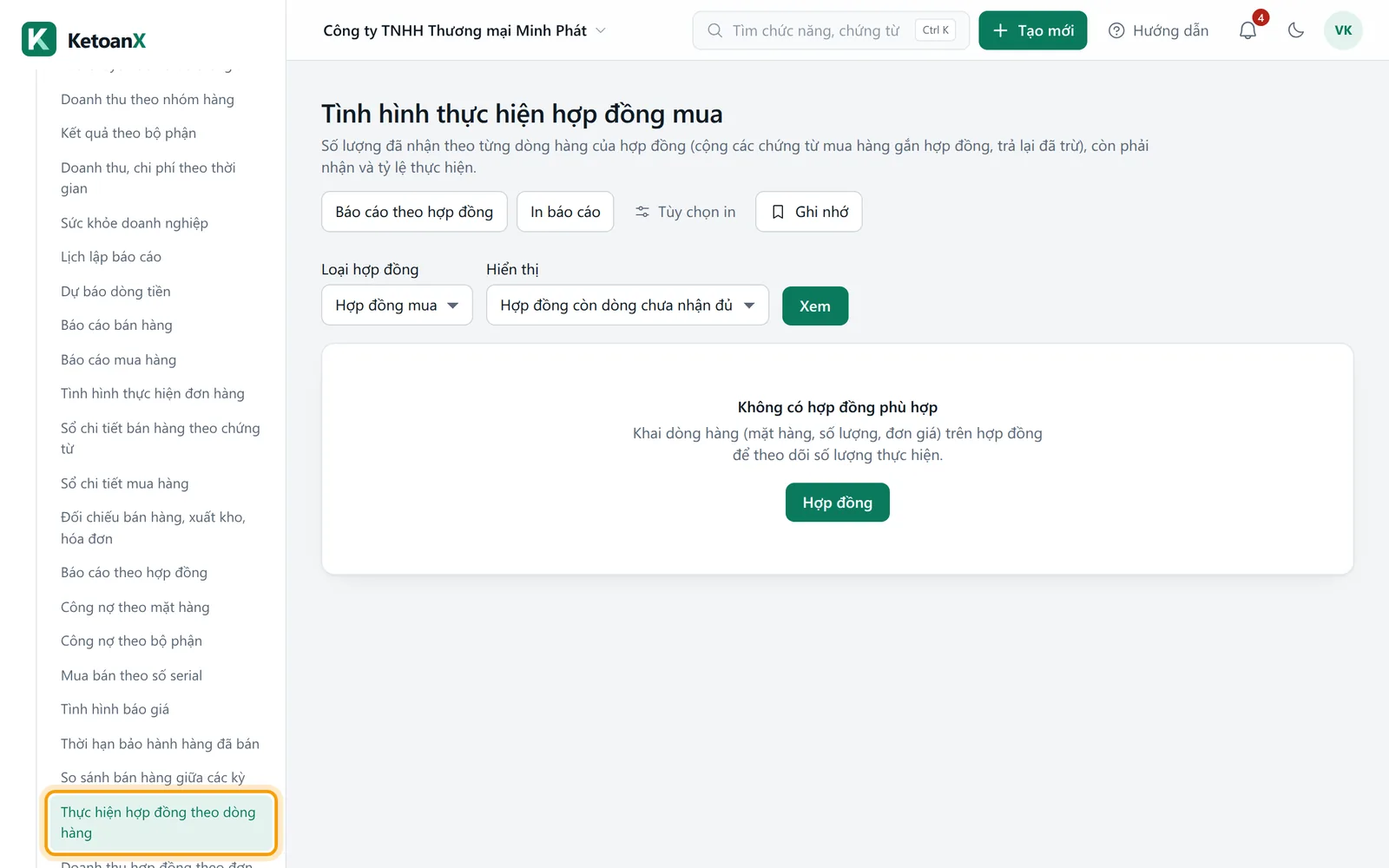 Menu bên trái, mục Tình hình thực hiện hợp đồng được viền vàng