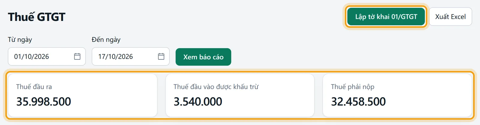 Trang Thuế GTGT với nút Lập tờ khai 01/GTGT, bộ lọc từ ngày đến ngày và ba ô thuế đầu ra, đầu vào, phải nộp