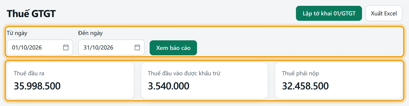 Từ ngày 01/10/2026 đến ngày 31/10/2026 và nút Xem báo cáo