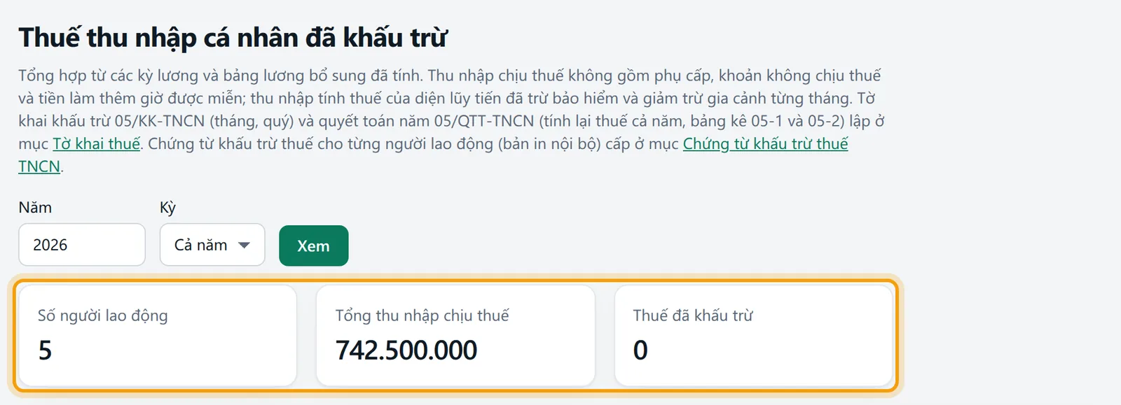 Trang Thuế thu nhập cá nhân đã khấu trừ với ba ô số người lao động, tổng thu nhập chịu thuế, thuế đã khấu trừ