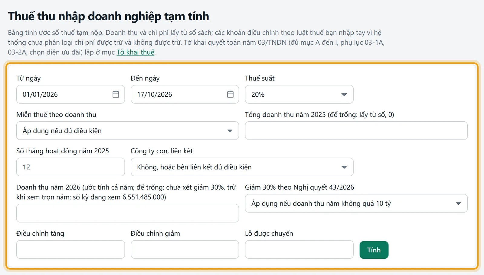 Trang Thuế thu nhập doanh nghiệp tạm tính với form bộ lọc, thuế suất, điều chỉnh và nút Tính