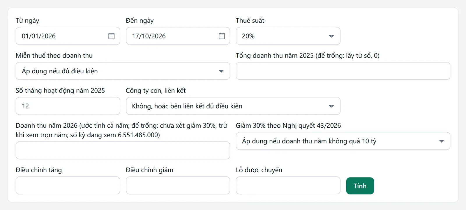 Form với Từ ngày, Đến ngày, Thuế suất, Miễn thuế theo doanh thu, Tổng doanh thu năm trước, Điều chỉnh tăng, Điều chỉnh giảm, Lỗ được chuyển