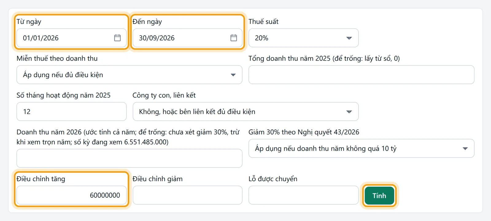Từ ngày 01/01/2026 đến ngày 30/09/2026 và Điều chỉnh tăng 60.000.000