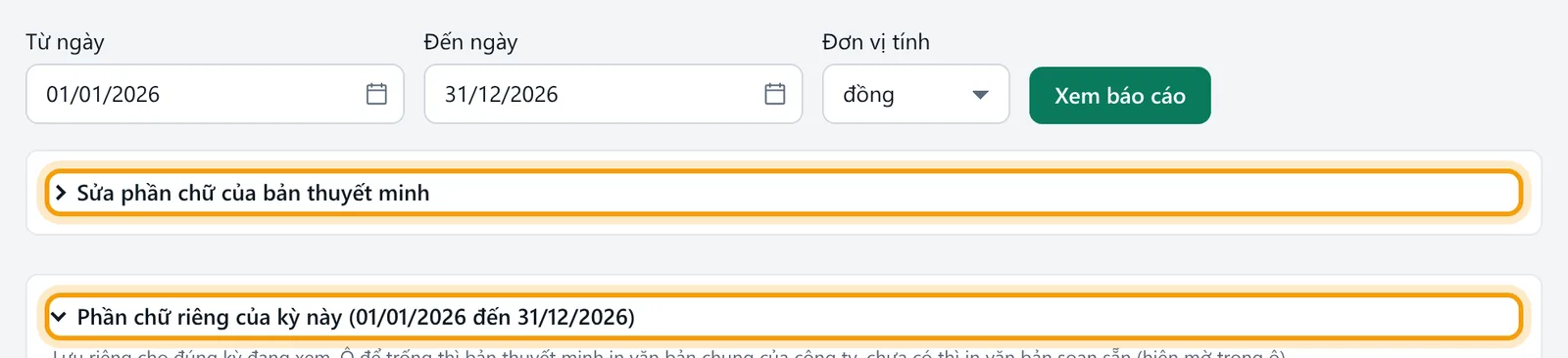 Thanh chọn kỳ, khung Sửa phần chữ của bản thuyết minh và Phần chữ riêng của kỳ này