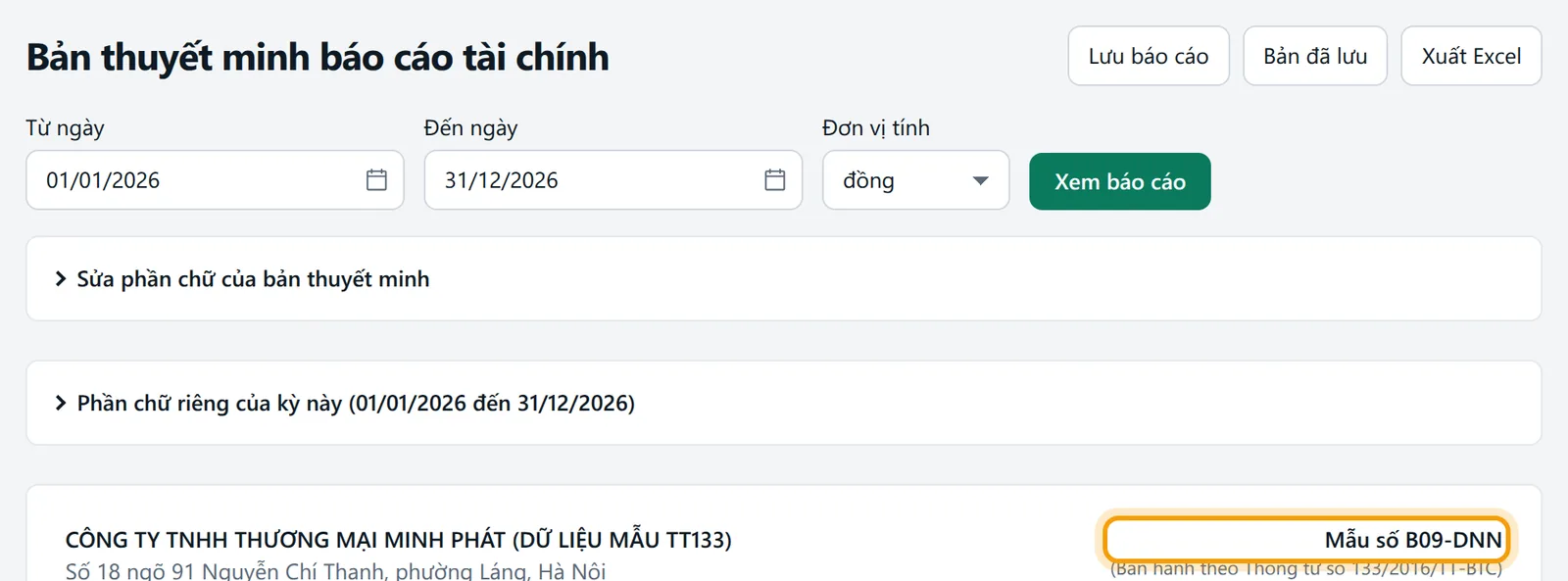 Bản thuyết minh mẫu B09-DNN của công ty theo Thông tư 133