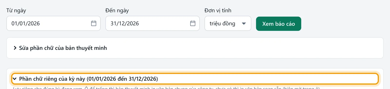 Kỳ 01/01/2026 đến 31/12/2026, đơn vị triệu đồng và khung Phần chữ riêng của kỳ này được viền vàng