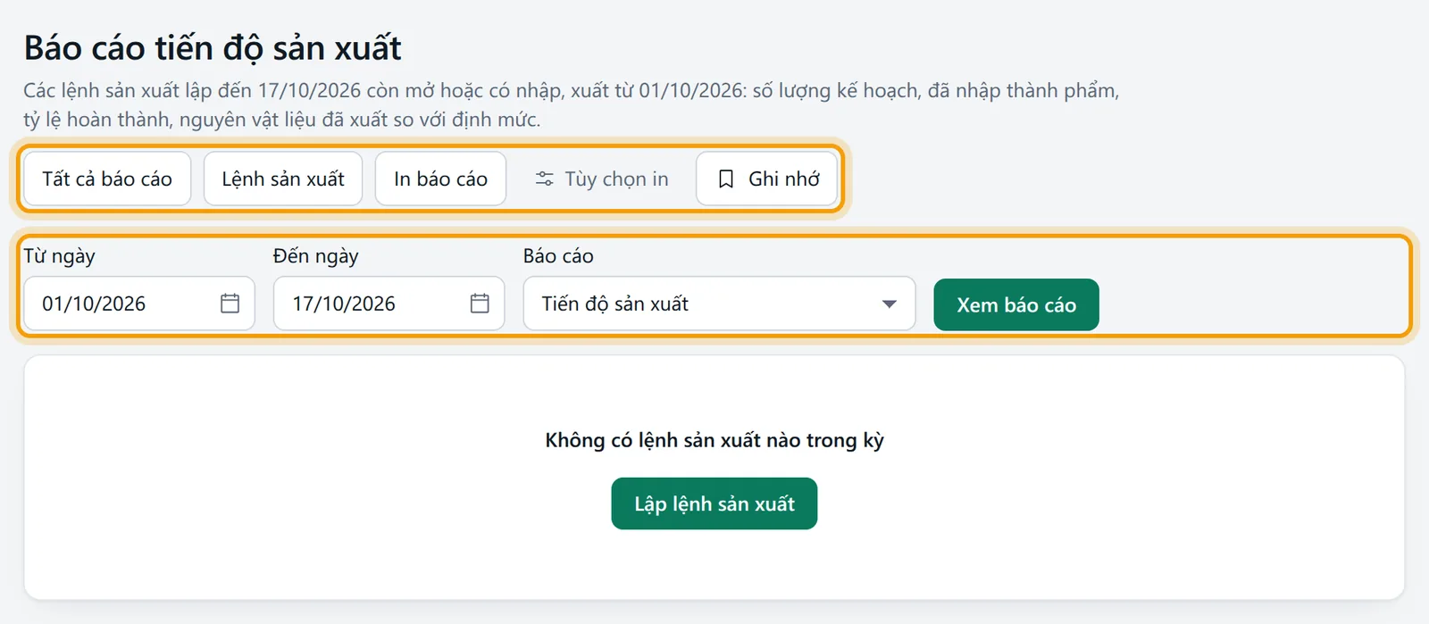 Màn Báo cáo tiến độ sản xuất với hàng nút, bộ lọc và vùng kết quả