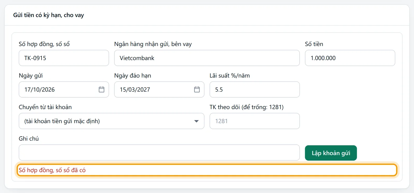 Khung lập khoản báo Số hợp đồng, số sổ đã có khi nhập trùng TK-0915