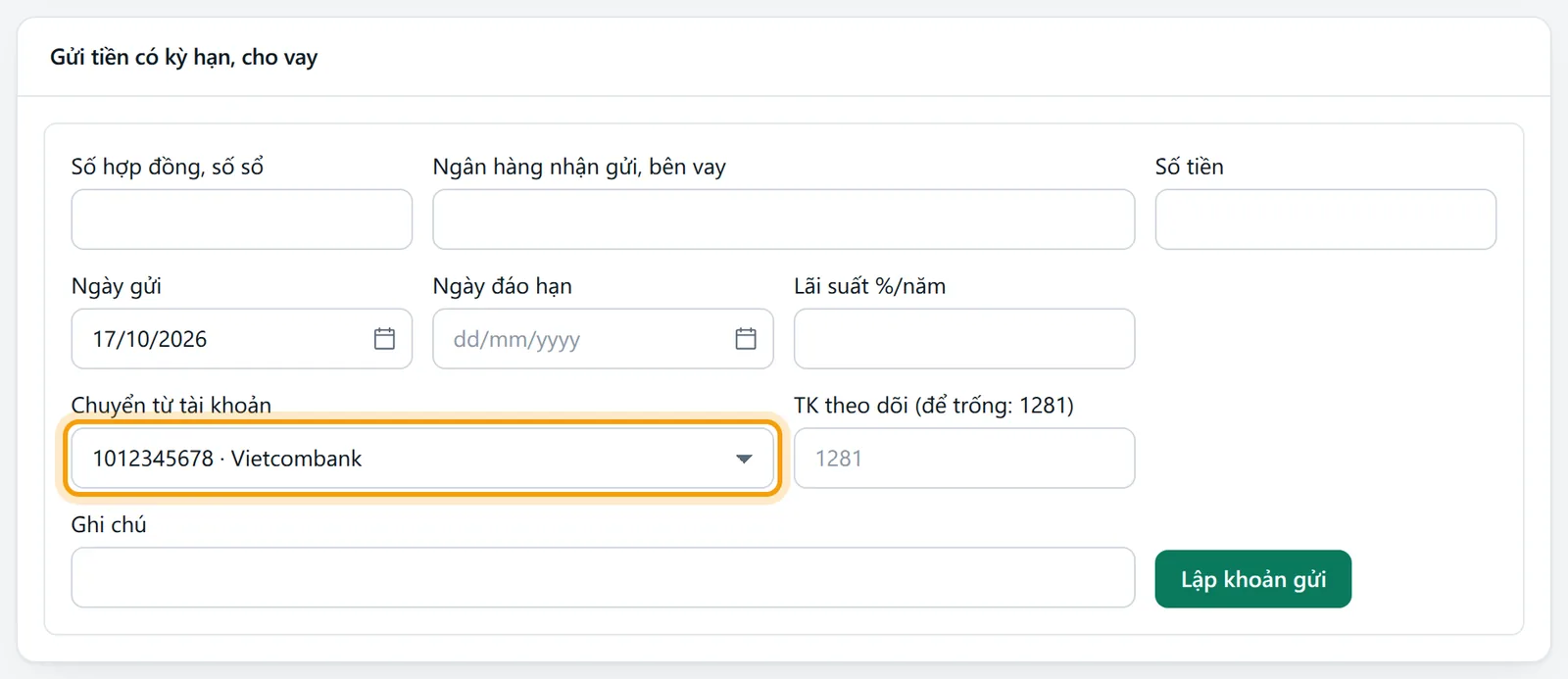 Ô Chuyển từ tài khoản của khung gửi tiền chọn tài khoản Vietcombank