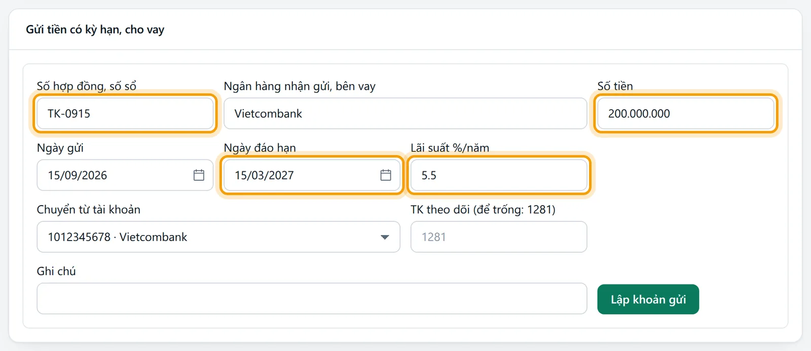 Khung lập khoản đã điền sổ TK-0915 gửi Vietcombank 200.000.000, gửi 15/09/2026, đáo hạn 15/03/2027, lãi 5,5