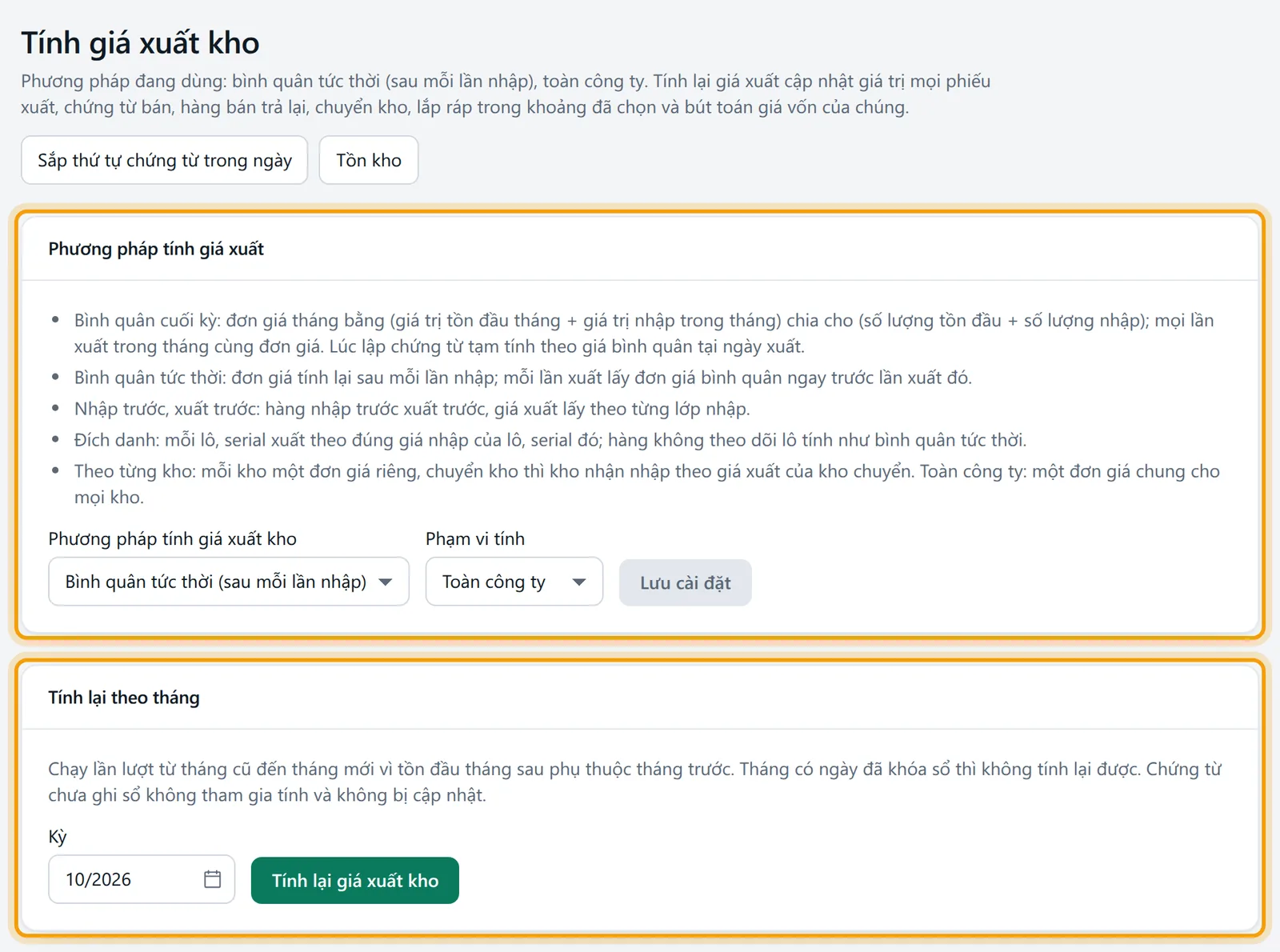 Màn Tính giá xuất kho với khối Phương pháp tính giá xuất và khối Tính lại theo tháng được viền vàng