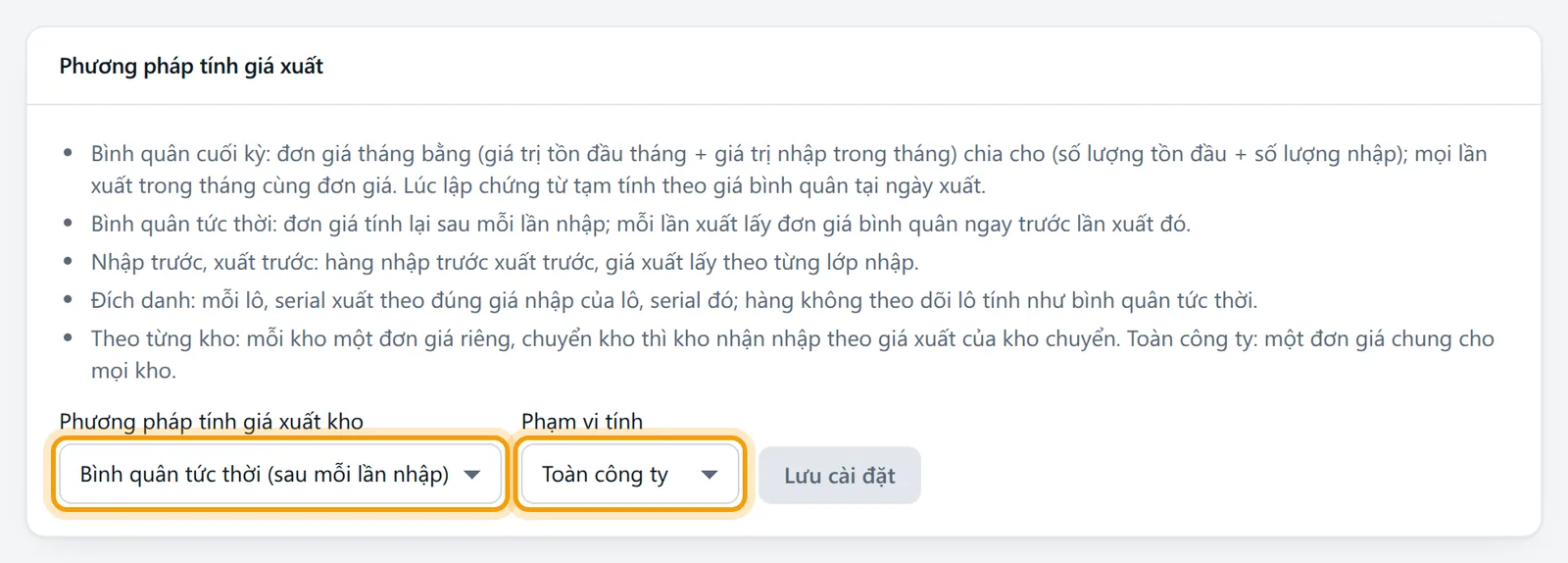 Khối Phương pháp tính giá xuất với hai ô Phương pháp và Phạm vi tính được viền vàng