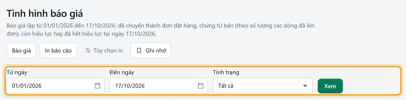 Màn Tình hình báo giá: các ô lọc được viền vàng