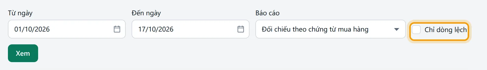 Cách Đối chiếu theo chứng từ mua hàng hiện thêm ô Chỉ dòng lệch