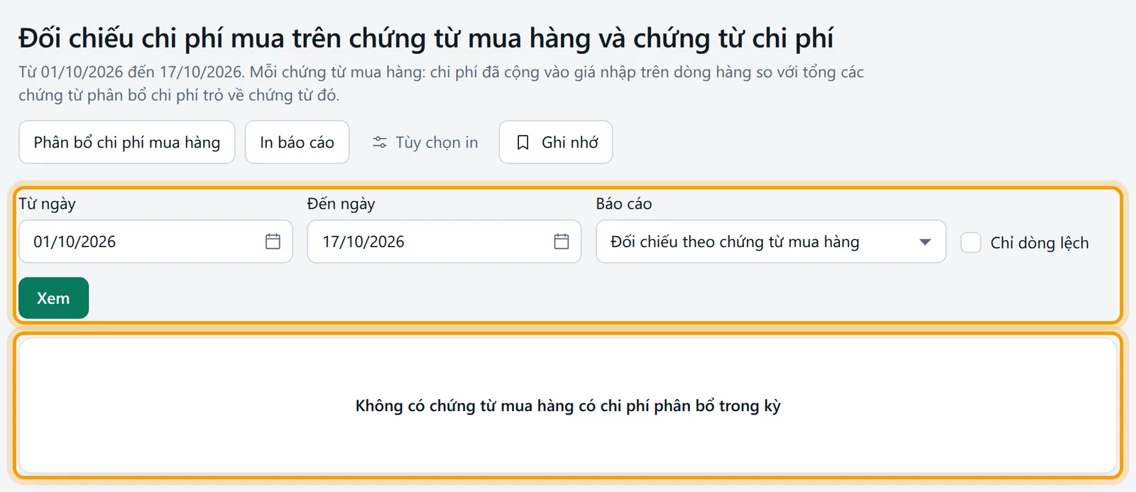 Chọn Đối chiếu theo chứng từ mua hàng rồi bấm Xem