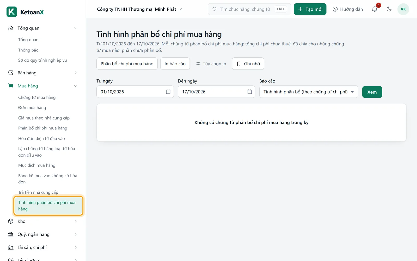 Menu bên trái, mục Tình hình phân bổ chi phí mua hàng viền vàng