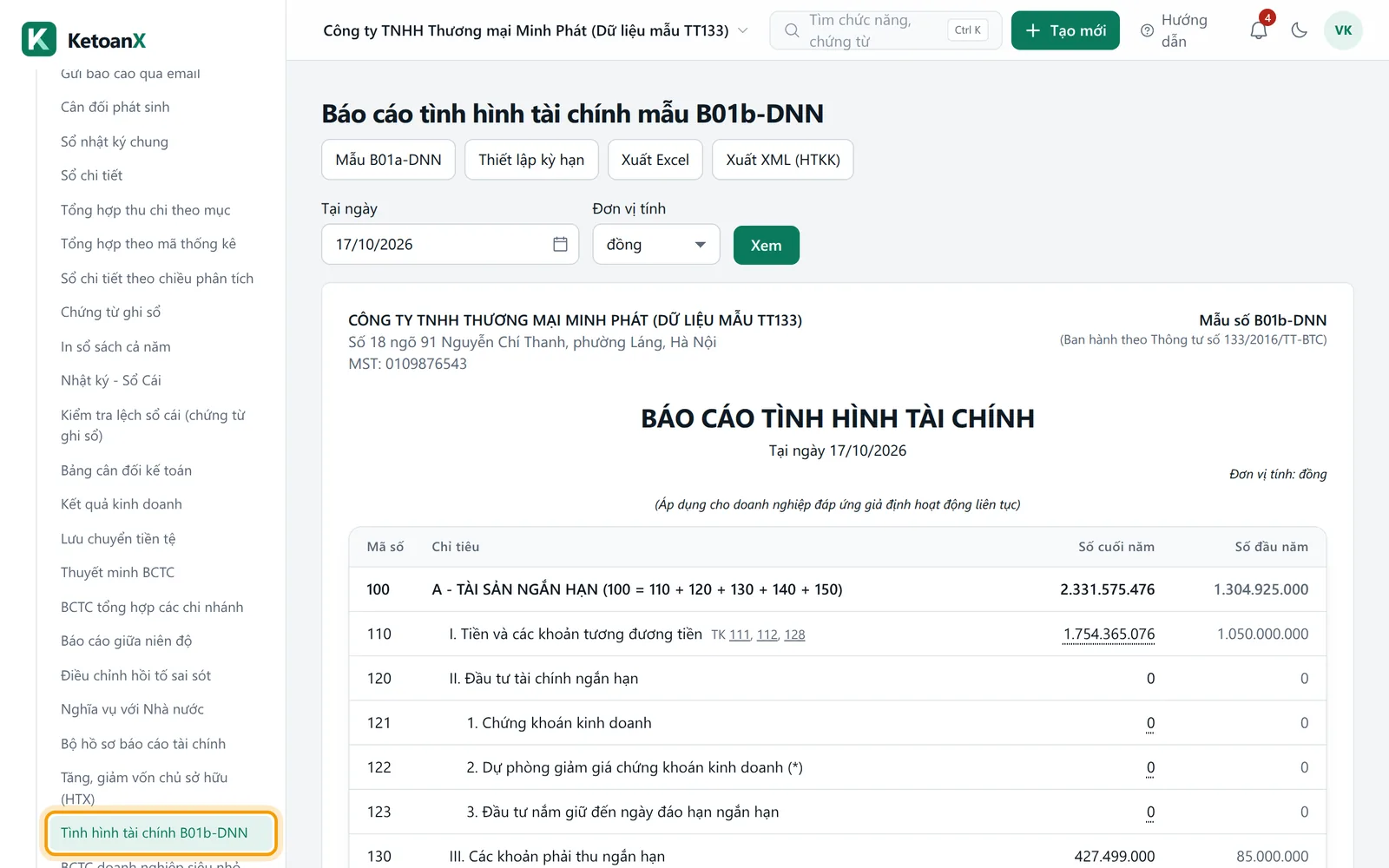 Menu bên trái mở nhóm Báo cáo, mục Tình hình tài chính B01b-DNN được viền vàng