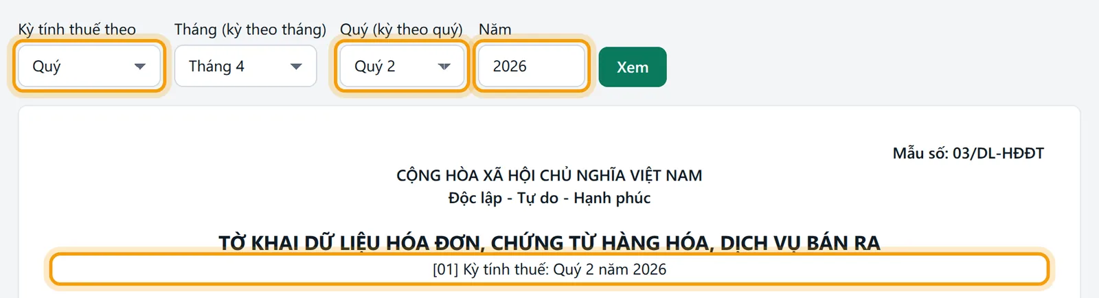 Kỳ tính thuế theo Quý, Quý 2, năm 2026; dòng [01] ghi Kỳ tính thuế Quý 2 năm 2026