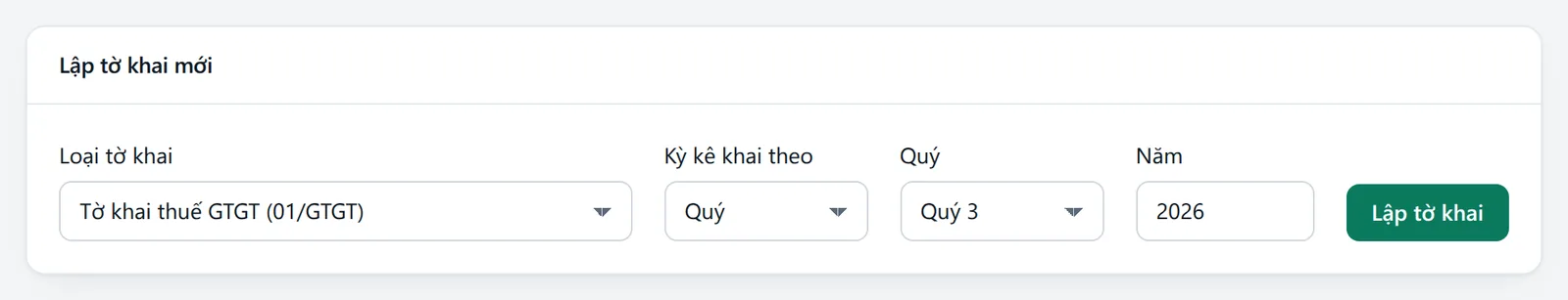 Khung Lập tờ khai mới: loại tờ khai, kỳ kê khai theo, quý, năm