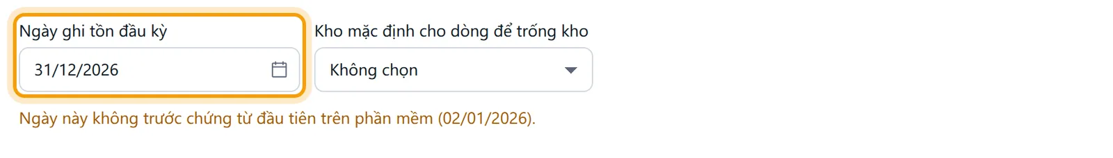 Ngày ghi tồn đặt sau chứng từ đầu tiên, dưới ô ngày hiện dòng cảnh báo