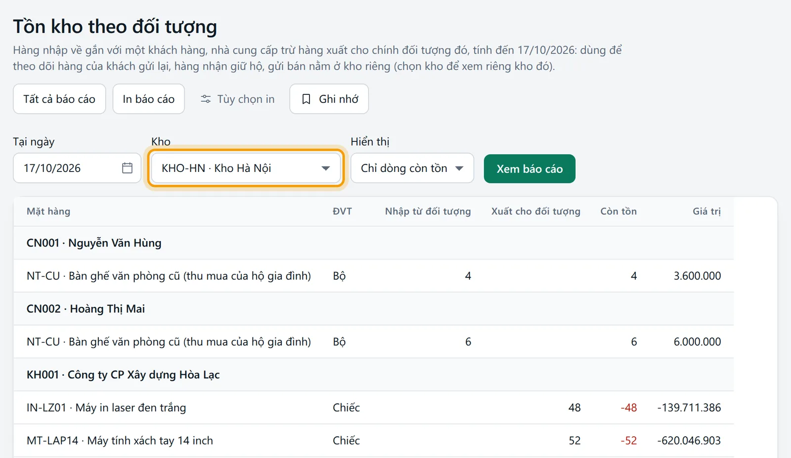 Chọn Kho Hà Nội, bấm Xem báo cáo, bảng tồn theo đối tượng của kho đó