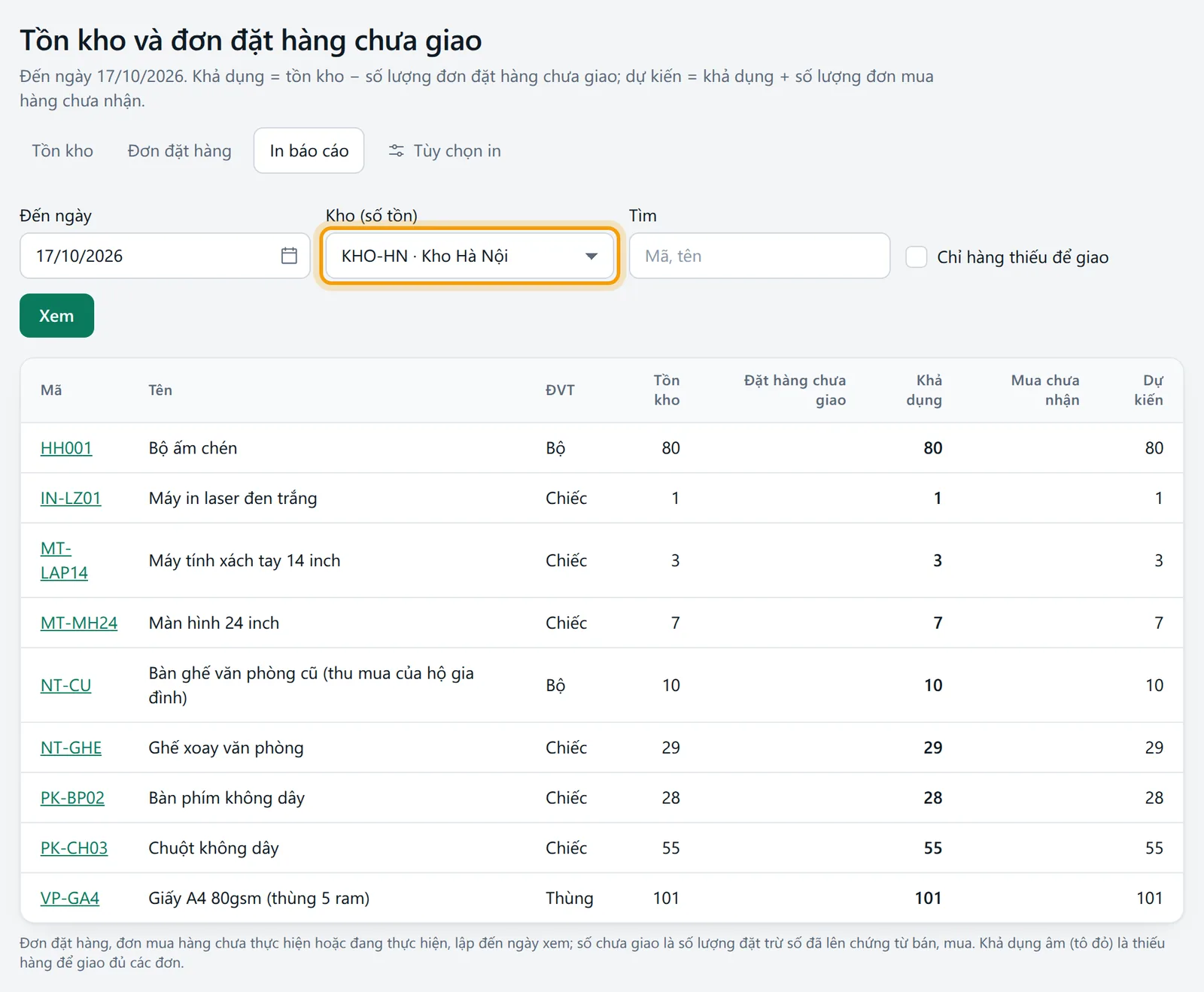 Ô Kho (số tồn) chọn Kho Hà Nội, bảng tính tồn của kho đó