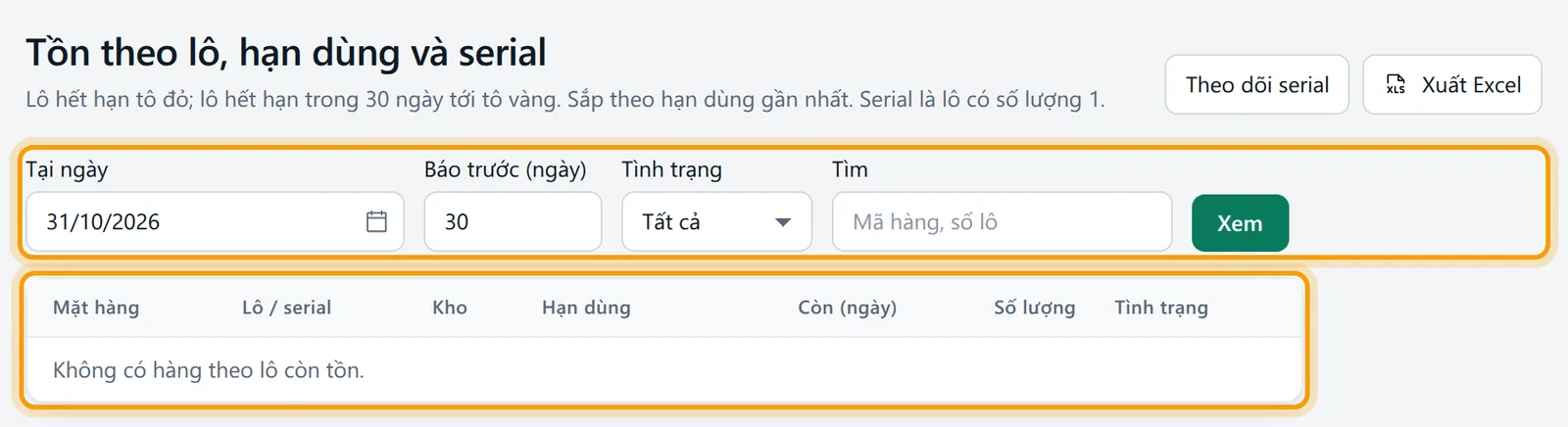 Chọn Tại ngày 31/10/2026, Báo trước 30 ngày, bấm Xem, bảng báo chưa có hàng theo lô còn tồn
