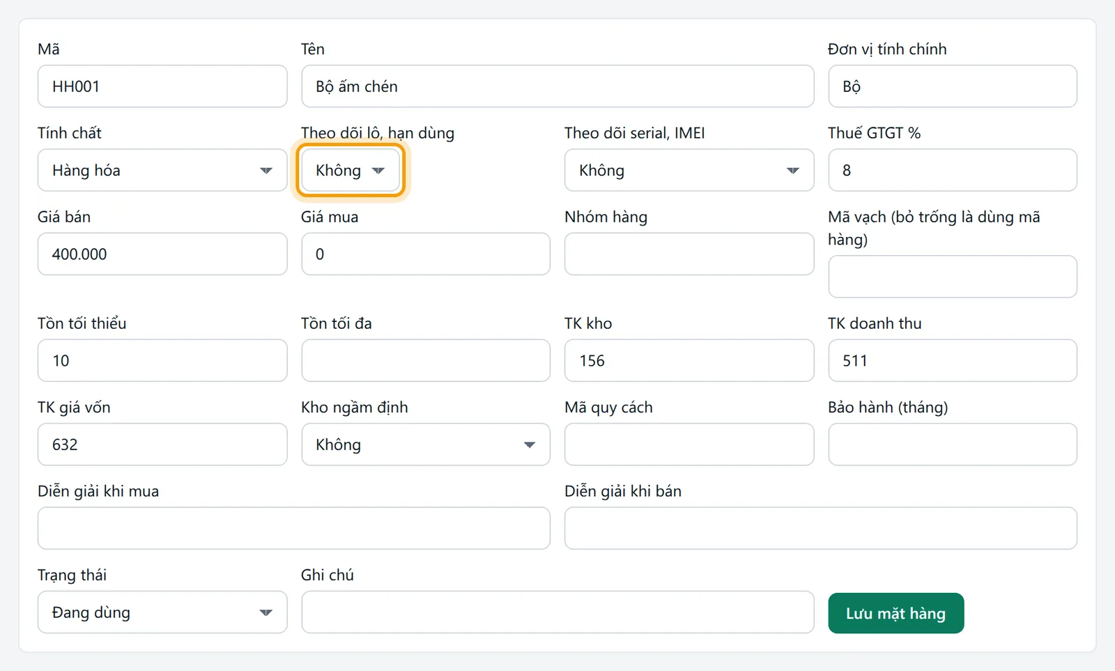 Trang sửa mặt hàng với ô Theo dõi lô, hạn dùng được viền vàng