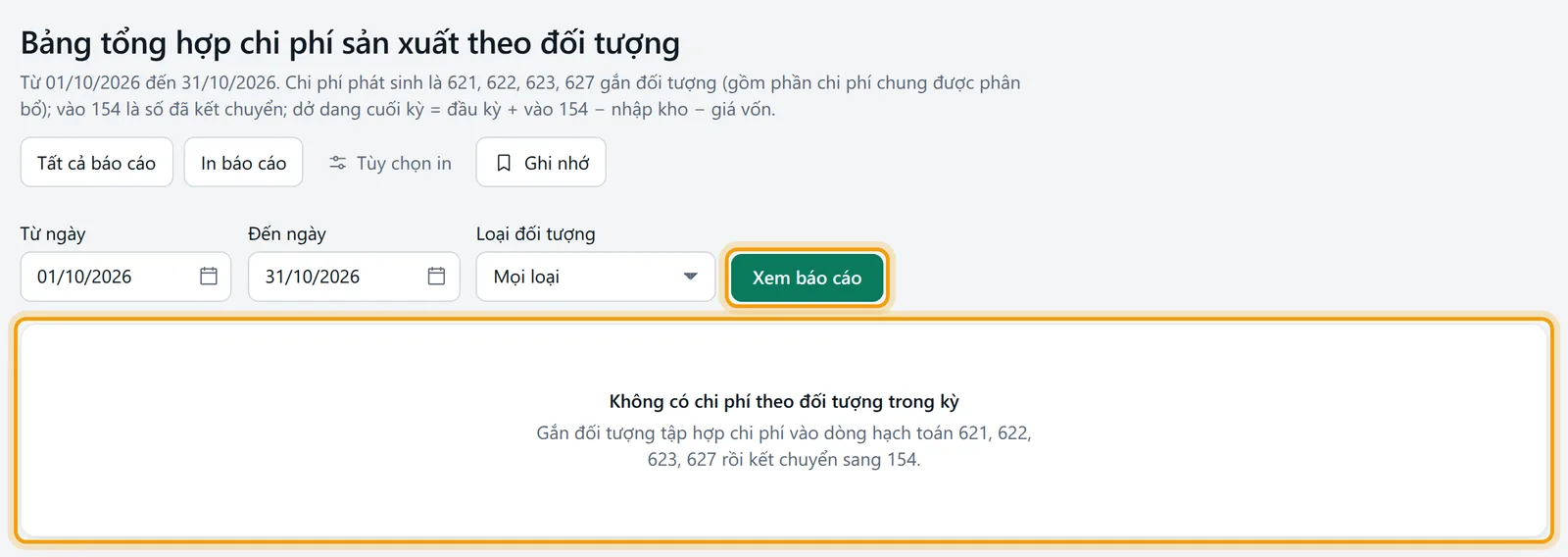 Bộ lọc đã đặt ngày, nút xem được viền vàng