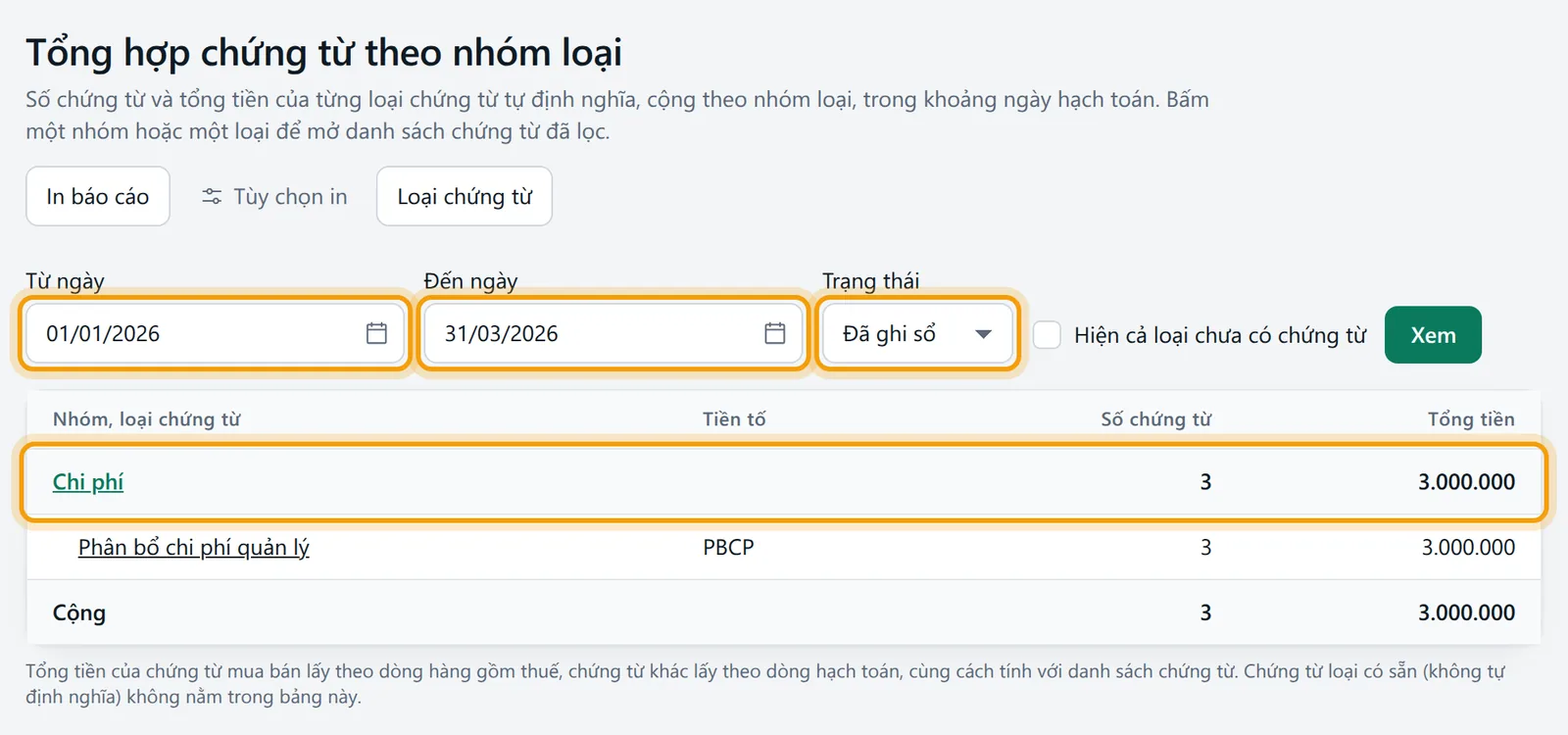 Bộ lọc Từ ngày 01/01/2026, Đến ngày 31/03/2026, Trạng thái Đã ghi sổ và bảng kết quả quý 1