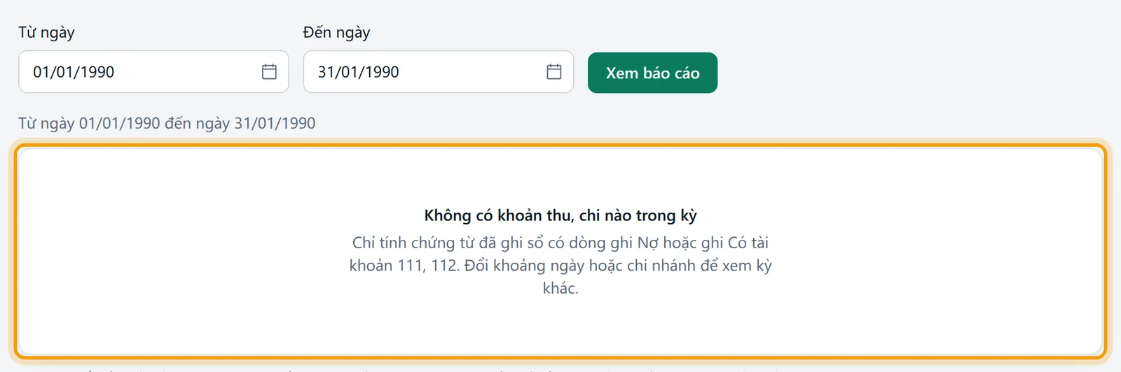 Kỳ năm 1990, thông báo không có khoản thu, chi nào được viền vàng