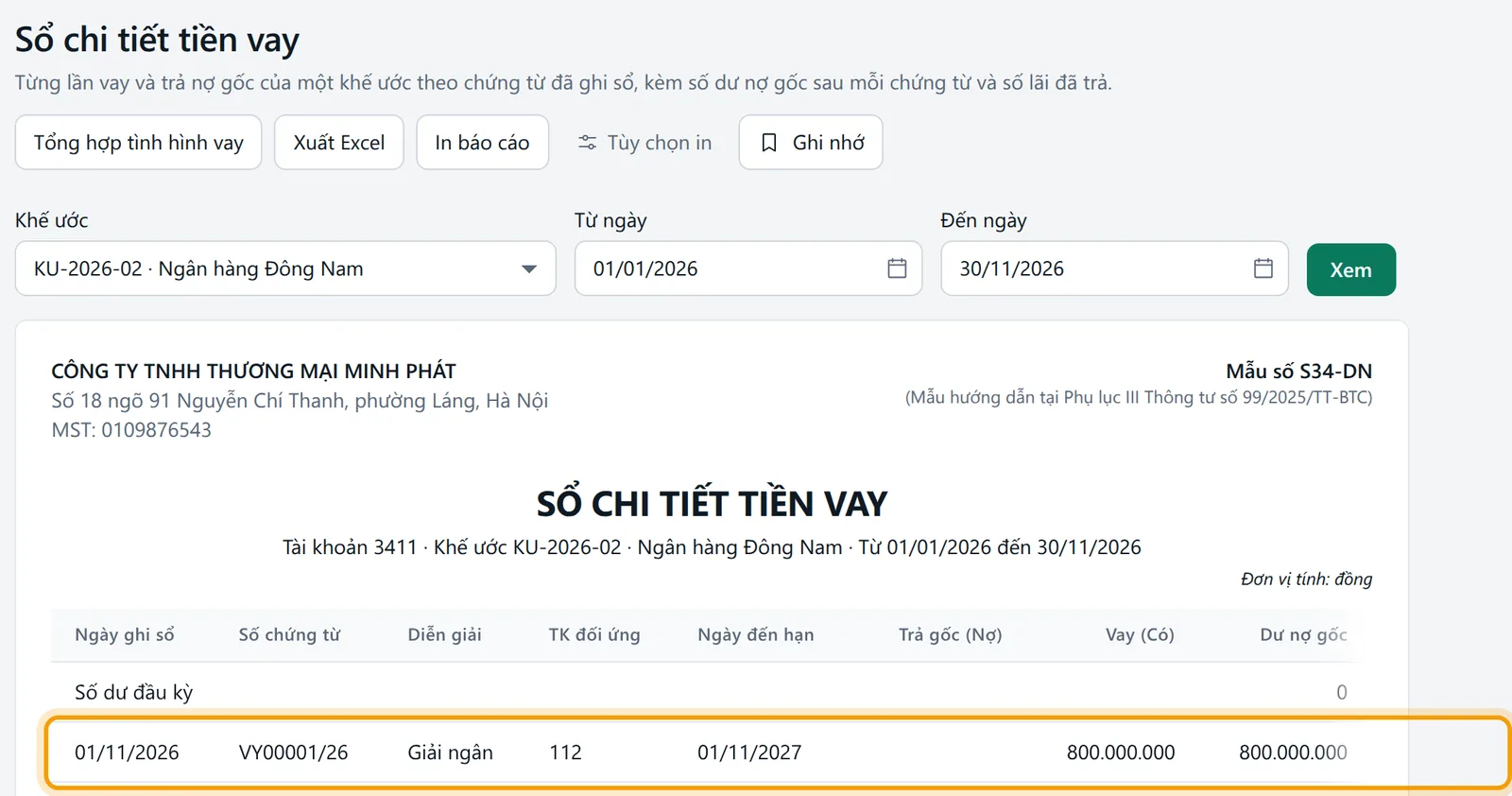 Sổ chi tiết tiền vay mẫu S34-DN của khế ước KU-2026-02 với dòng giải ngân 800.000.000
