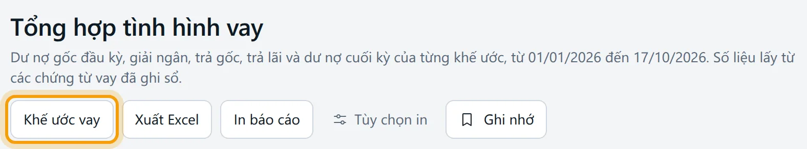 Nút Khế ước vay ở đầu trang dẫn sang màn vay và lịch trả nợ, nơi lưu các lần giải ngân trả nợ