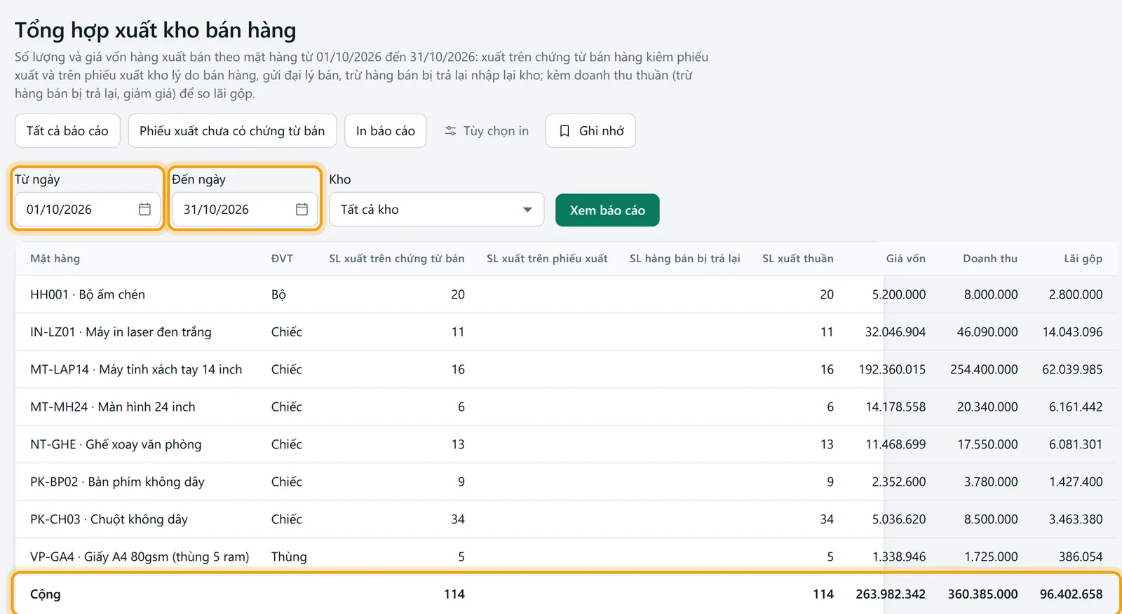 Chọn từ 01/10/2026 đến 31/10/2026, bấm Xem báo cáo, bảng giá vốn và lãi gộp từng mặt hàng