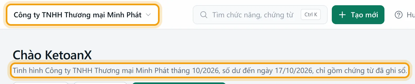 Thanh trên cùng hiện tên công ty đang chọn, dòng mô tả dưới tiêu đề ghi ngày chốt số dư