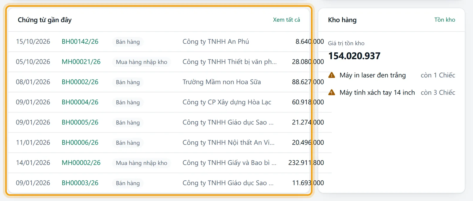 Khối Chứng từ gần đây