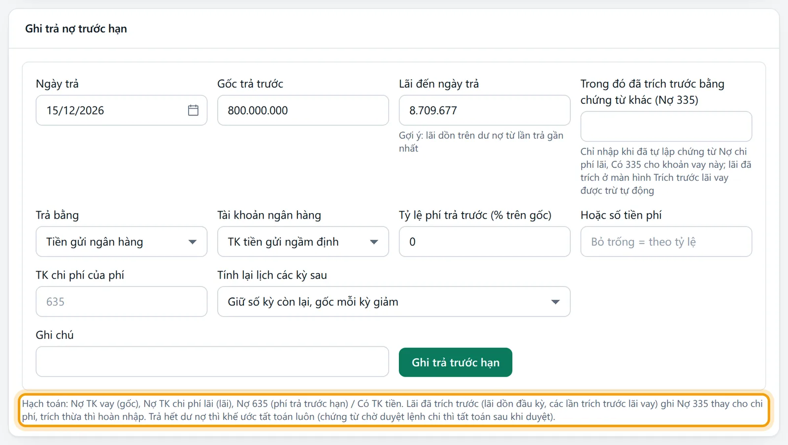 Dòng hạch toán dưới khung ghi: Nợ TK vay gốc, Nợ chi phí lãi, Nợ 635 phí, Có tài khoản tiền