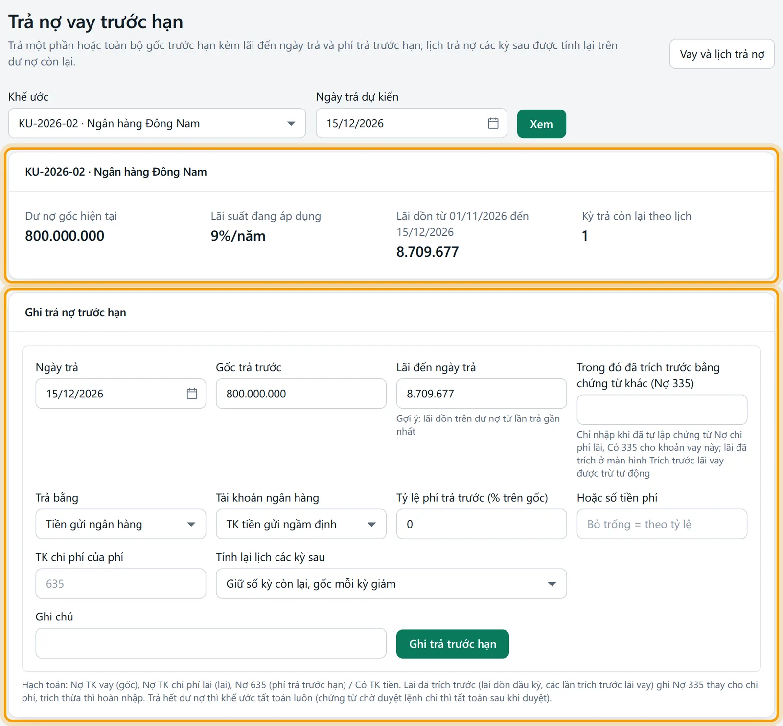 Màn Trả nợ vay trước hạn với khung thông tin khế ước KU-2026-02 dư nợ gốc 800.000.000 và khung Ghi trả nợ trước hạn