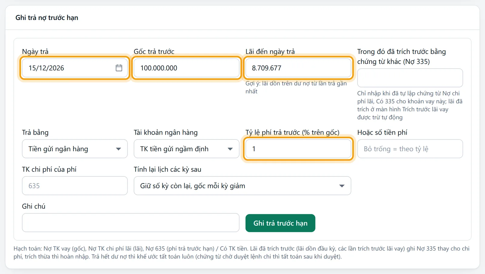 Khung ghi trả trước hạn khế ước KU-2026-02 ngày 15/12/2026, gốc trả trước 100.000.000, phí 1%, lãi dồn 8.709.677