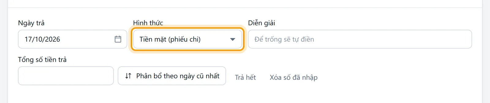 Hình thức Tiền mặt (phiếu chi) được chọn