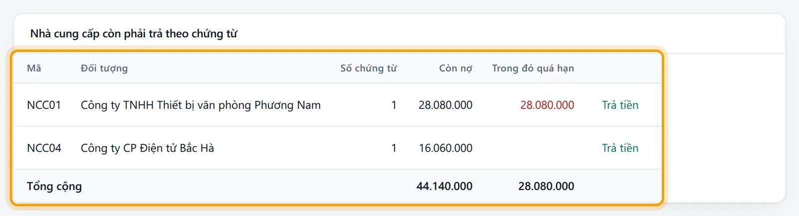 Bảng Nhà cung cấp còn phải trả theo chứng từ với nút Trả tiền ở mỗi dòng