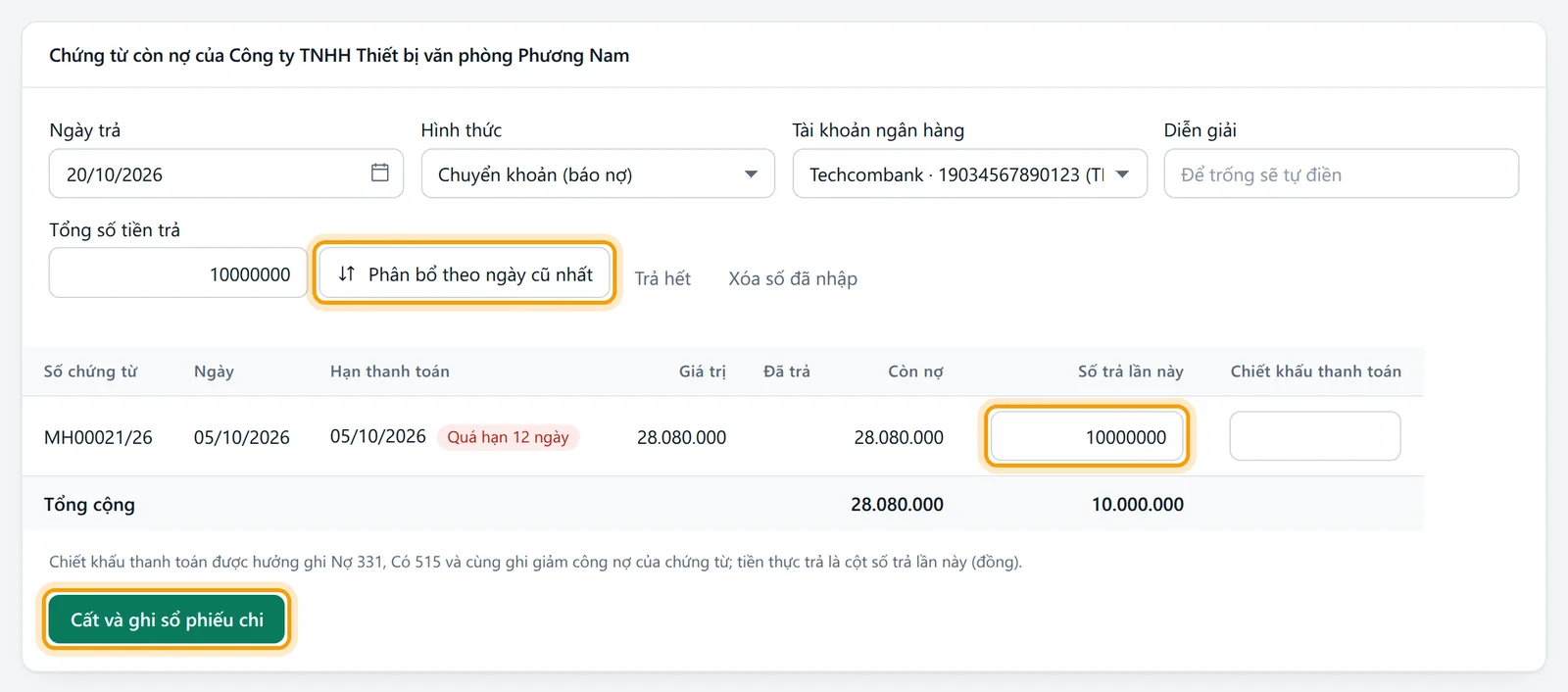 Tổng số tiền trả 10.000.000 phân bổ vào chứng từ cũ nhất, cột Số trả lần này điền sẵn