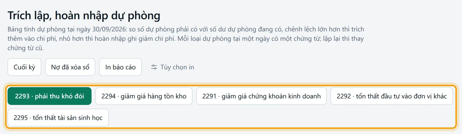 Trang Trích lập, hoàn nhập dự phòng với các tab loại dự phòng và bảng tính dự phòng phải thu khó đòi