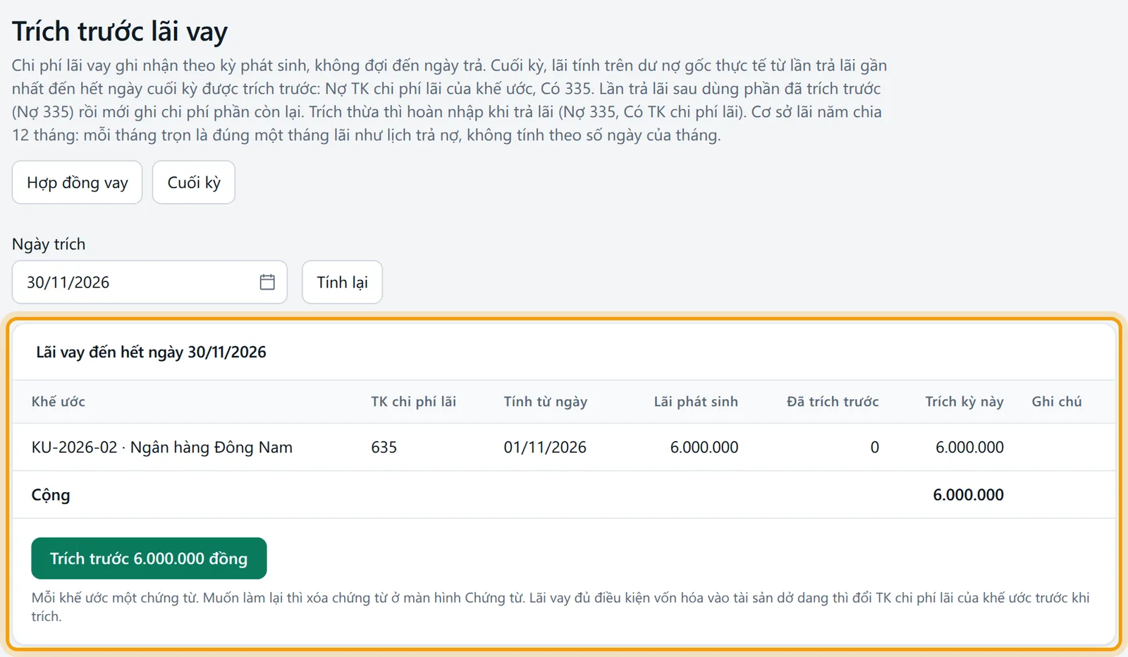 Màn Trích trước lãi vay với bảng lãi từng khế ước đến hết ngày 31/10/2026