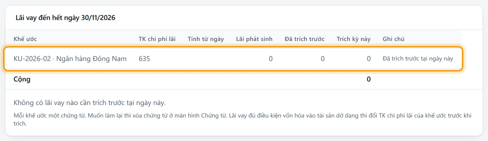 Ngày trích 30/11/2026 sau khi đã trích: cột Ghi chú ghi Đã trích trước tại ngày này và không còn nút trích