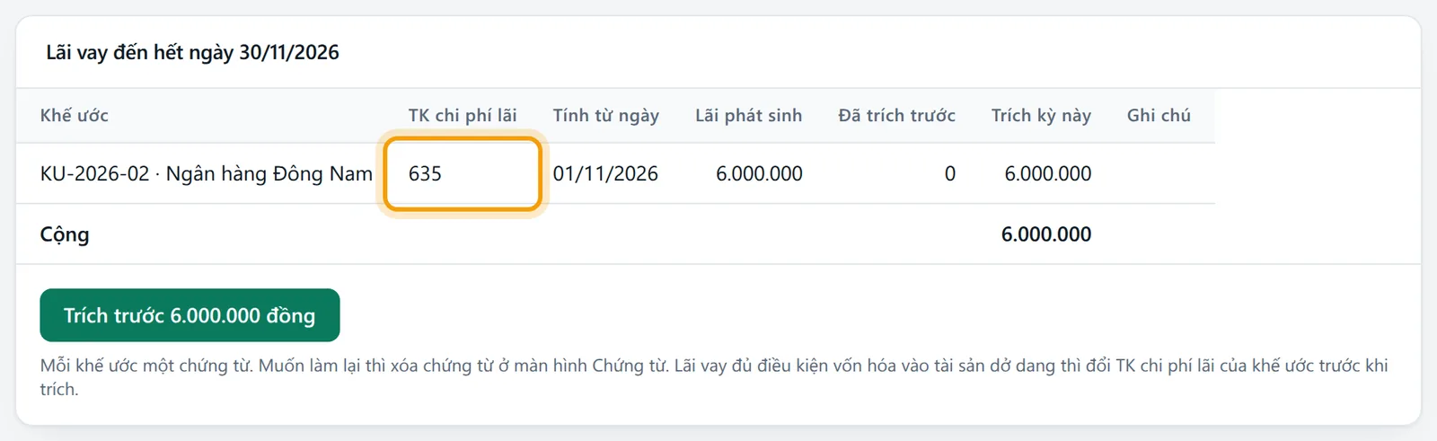 Cột TK chi phí lãi của bảng là 635, tài khoản có sẵn trong hệ thống tài khoản