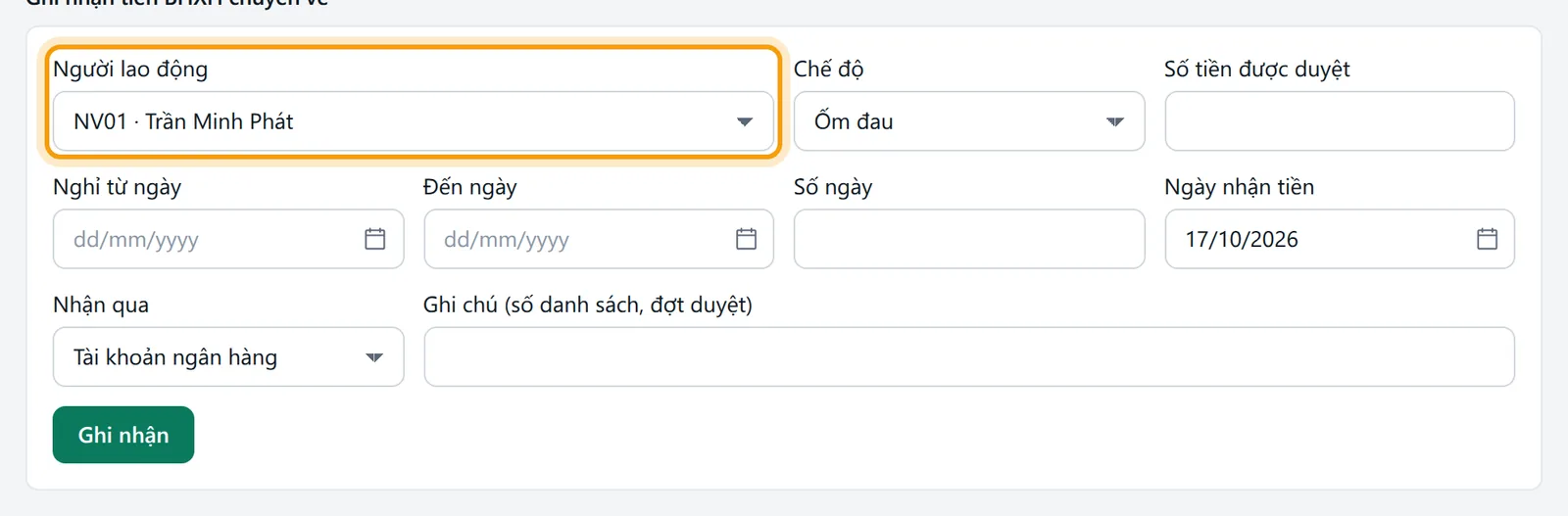 Ô Người lao động chọn từ nhân viên đã tạo trong hồ sơ