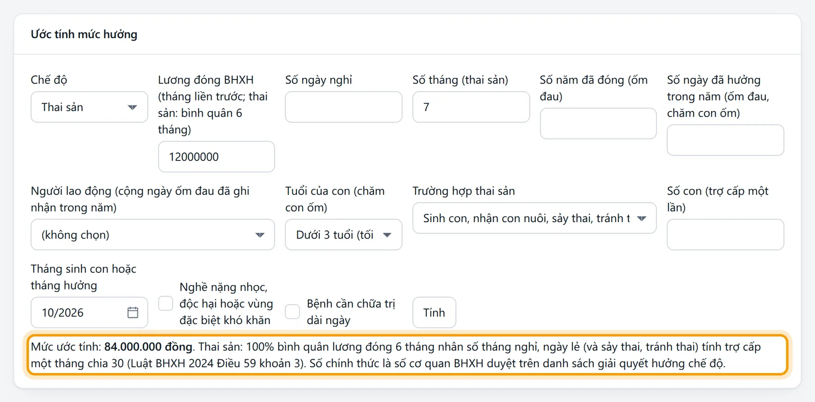 Chế độ Thai sản, lương đóng 12.000.000, nghỉ 7 tháng và dòng Mức ước tính sau khi bấm Tính